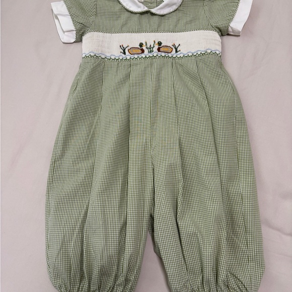 Be Mine Other - Green Gingham One Piece Romper Sz 18M with embroidery and smocking details.